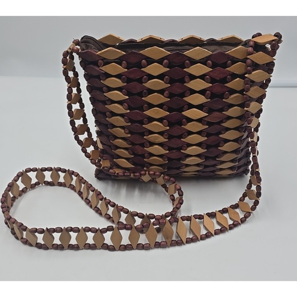 Wooden Shoulder Bag Wood‎ Pieced Beaded Boho Purse Zipper Closure